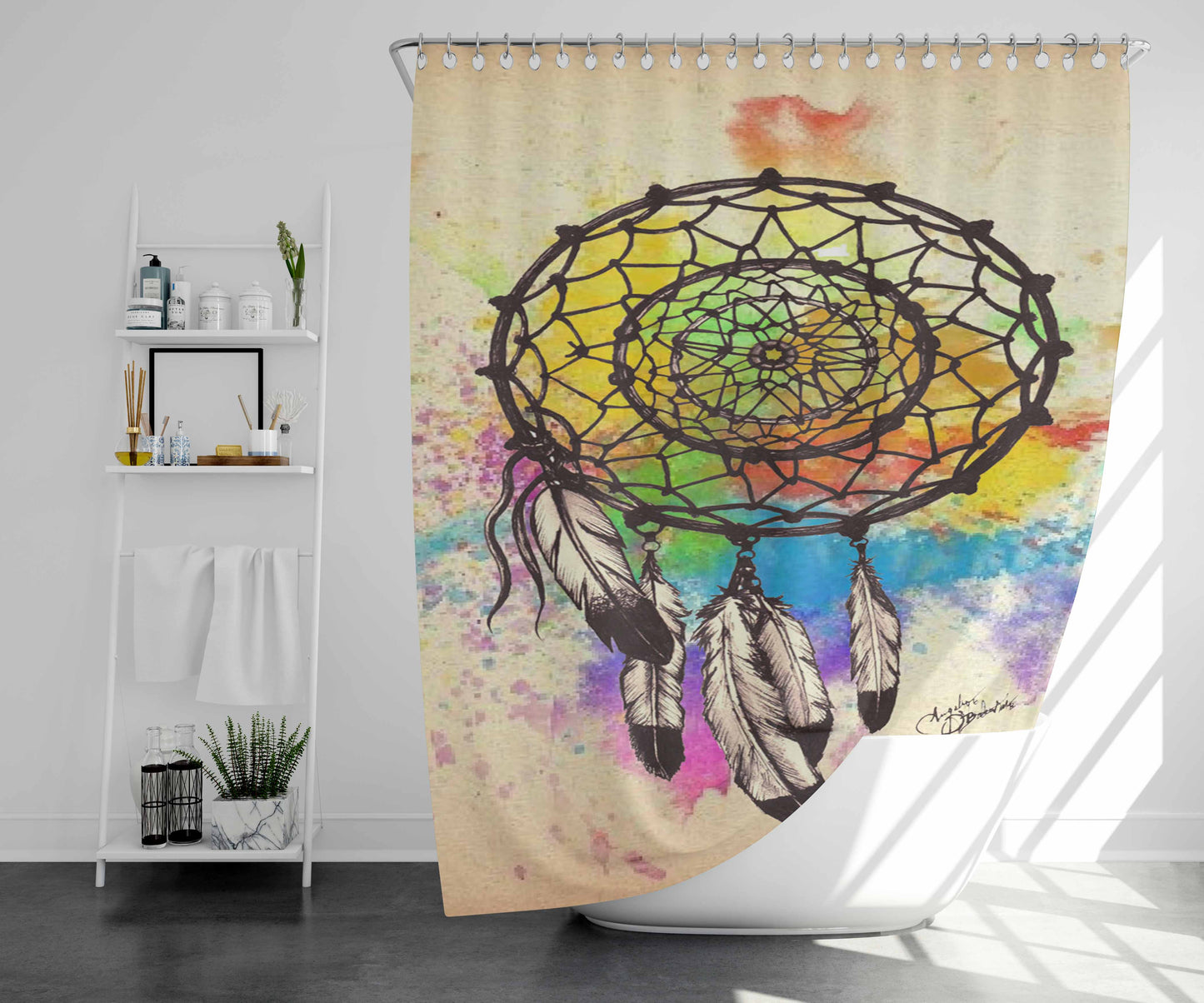 Water Color Dream Catcher Bathroom Shower Curtain Fabric Waterproof | 66 X 72 Inch