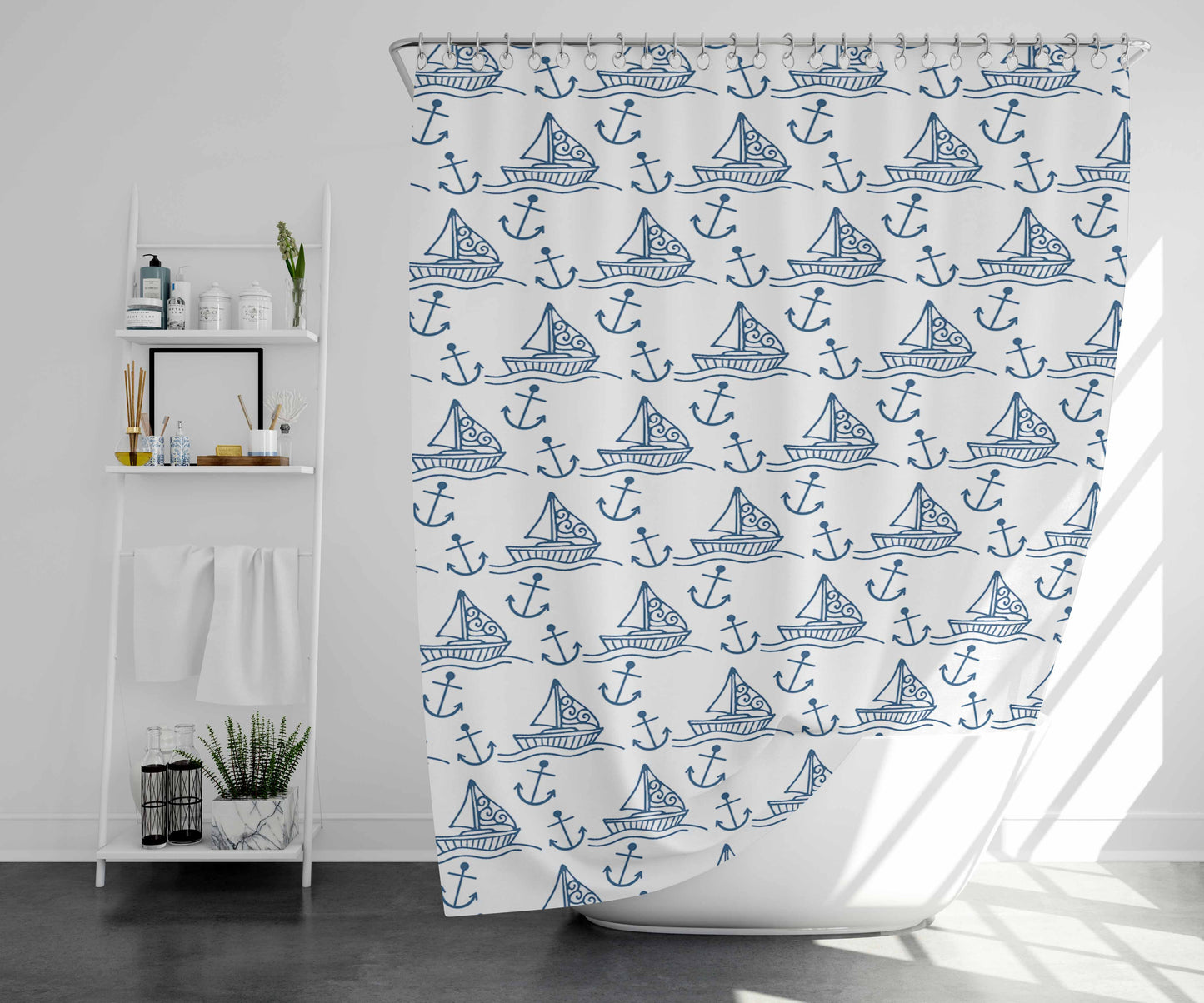 White Blue Sailor Ship Pattern Bathroom Shower Curtain Fabric Waterproof | 66 X 72 Inch