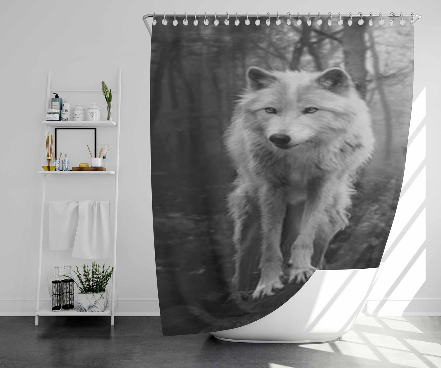 White Wolf Bathroom Shower Curtain Fabric Waterproof | 66 X 72 Inch