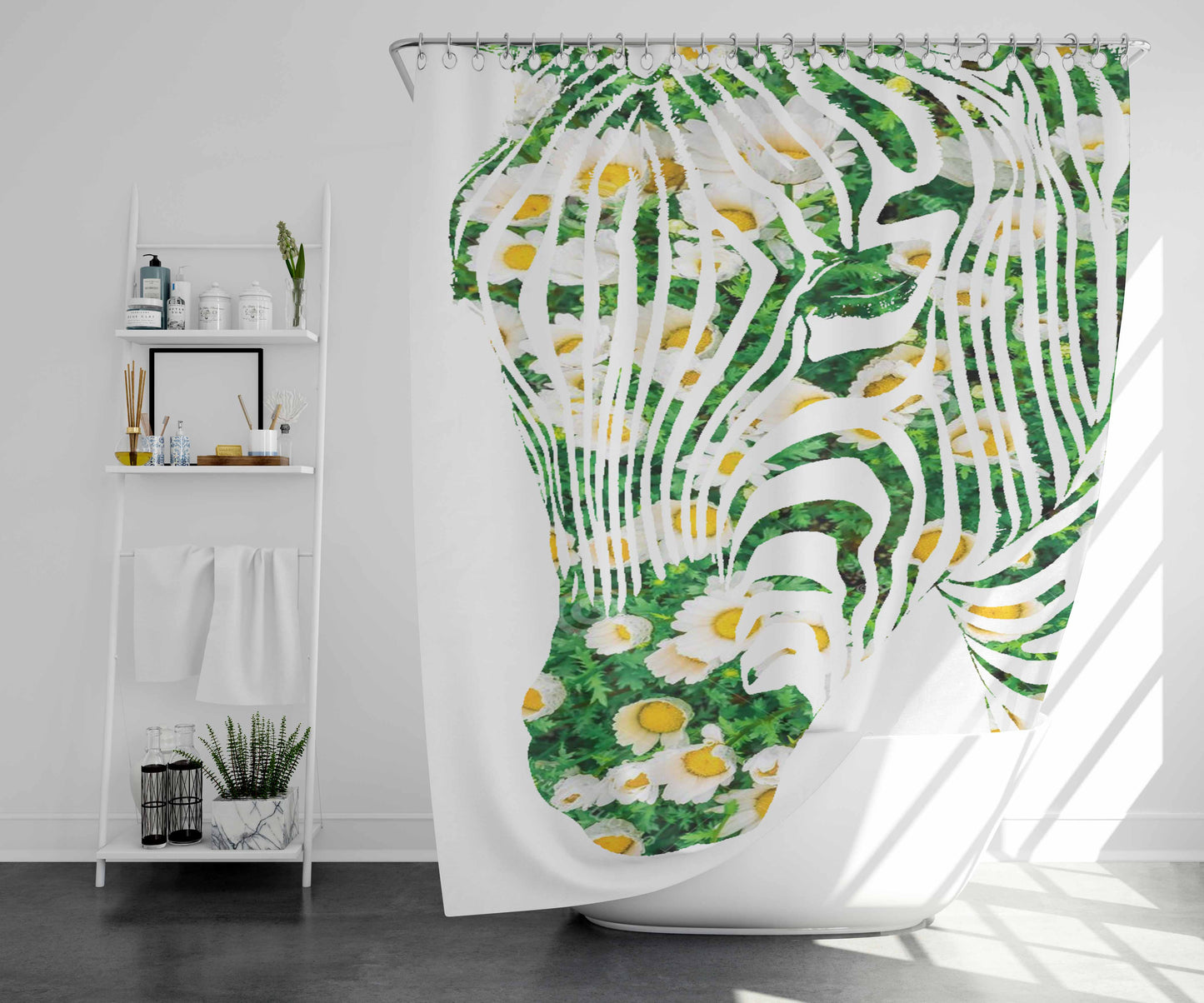 White Zebra Flower Field Bathroom Shower Curtain Fabric Waterproof | 66 X 72 Inch