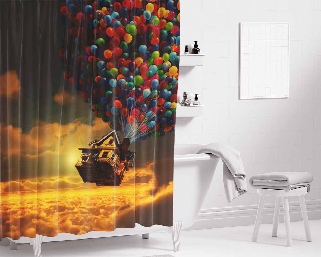 Balloons Flying House In Galaxy Nebula Bathroom Shower Curtain Fabric Waterproof | 66 X 72 Inch