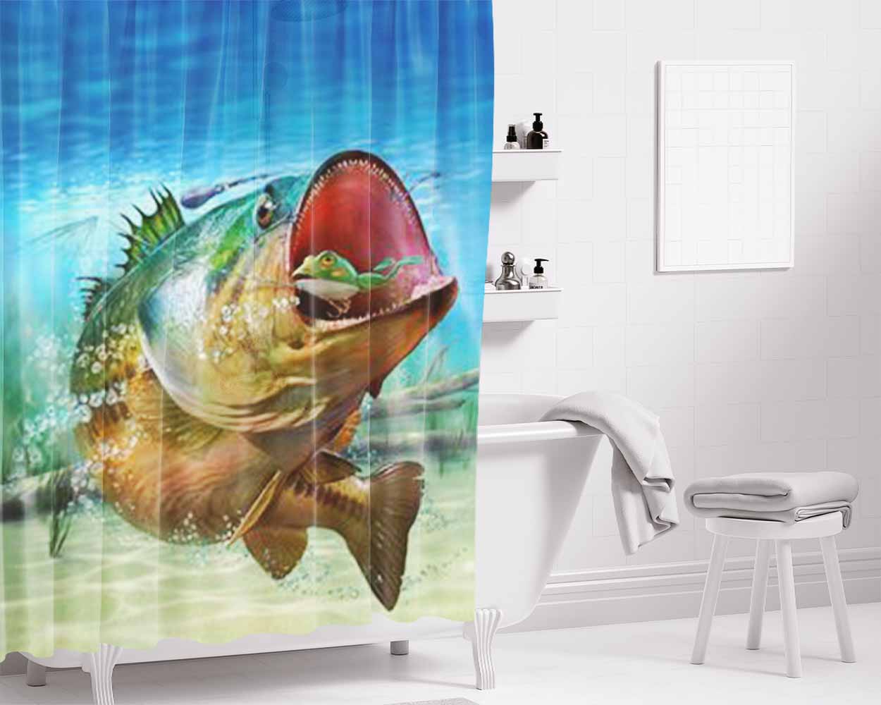 Bass Fishing Big Bathroom Shower Curtain Fabric Waterproof | 66 X 72 Inch