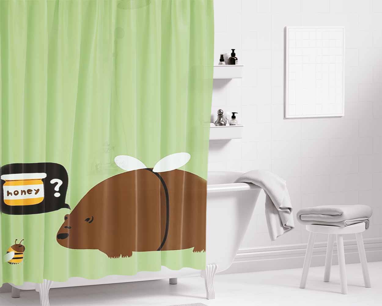 Bear Honey Bee Bathroom Shower Curtain Fabric Waterproof | 66 X 72 Inch