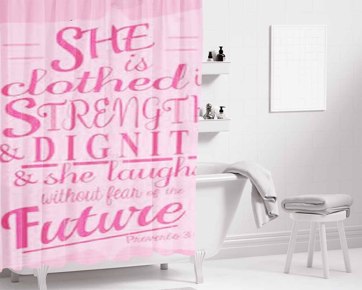 Bible She Is Clothed Pink Shades Bathroom Shower Curtain Fabric Waterproof | 66 X 72 Inch