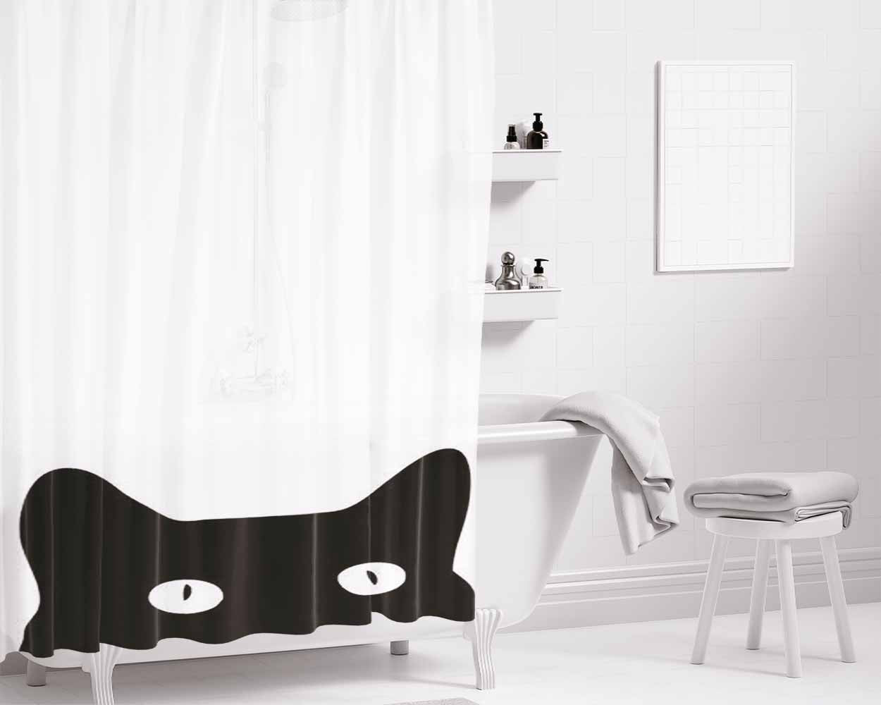 Black Cat Bathroom Shower Curtain Fabric Waterproof | 66 X 72 Inch