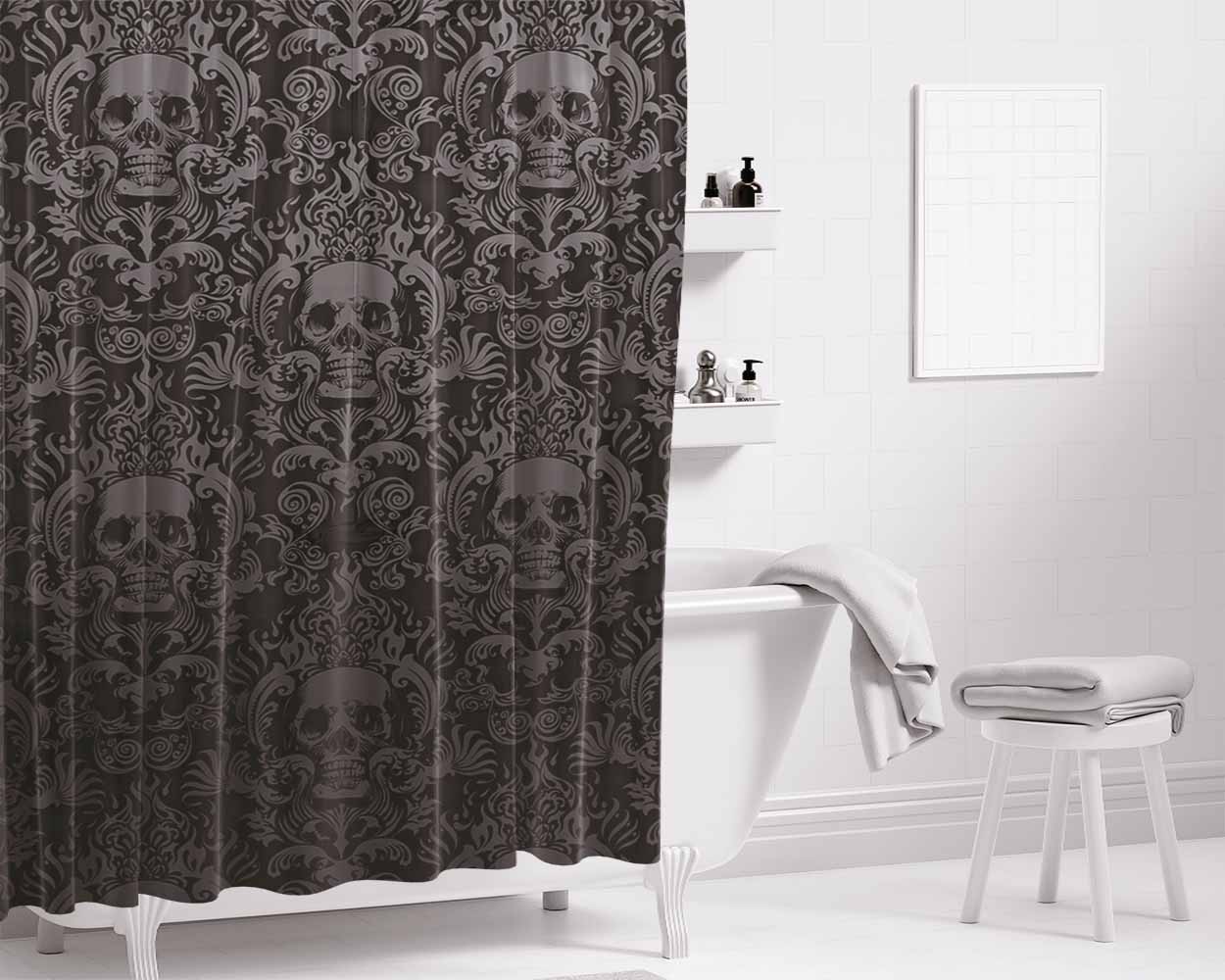 Black Damask Skull Pattern Bathroom Shower Curtain Fabric Waterproof | 66 X 72 Inch