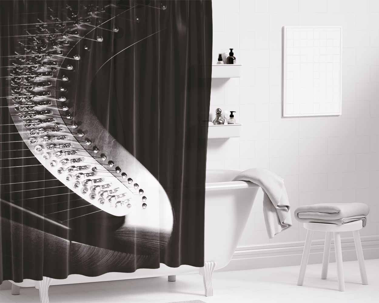 Black Harp Bathroom Shower Curtain Fabric Waterproof | 66 X 72 Inch