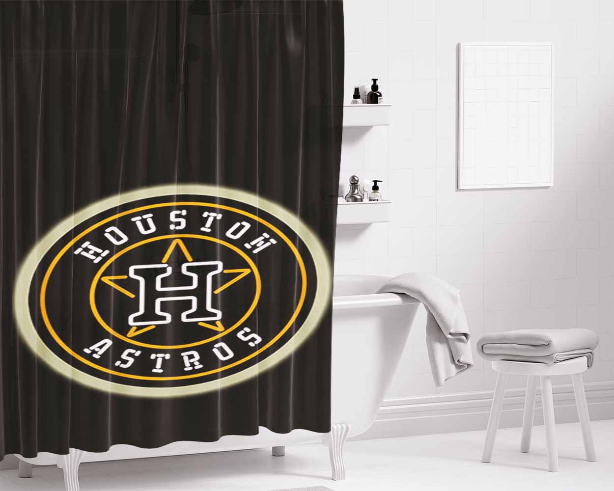 Black Huston Astros Bathroom Shower Curtain Fabric Waterproof | 66 X 72 Inch