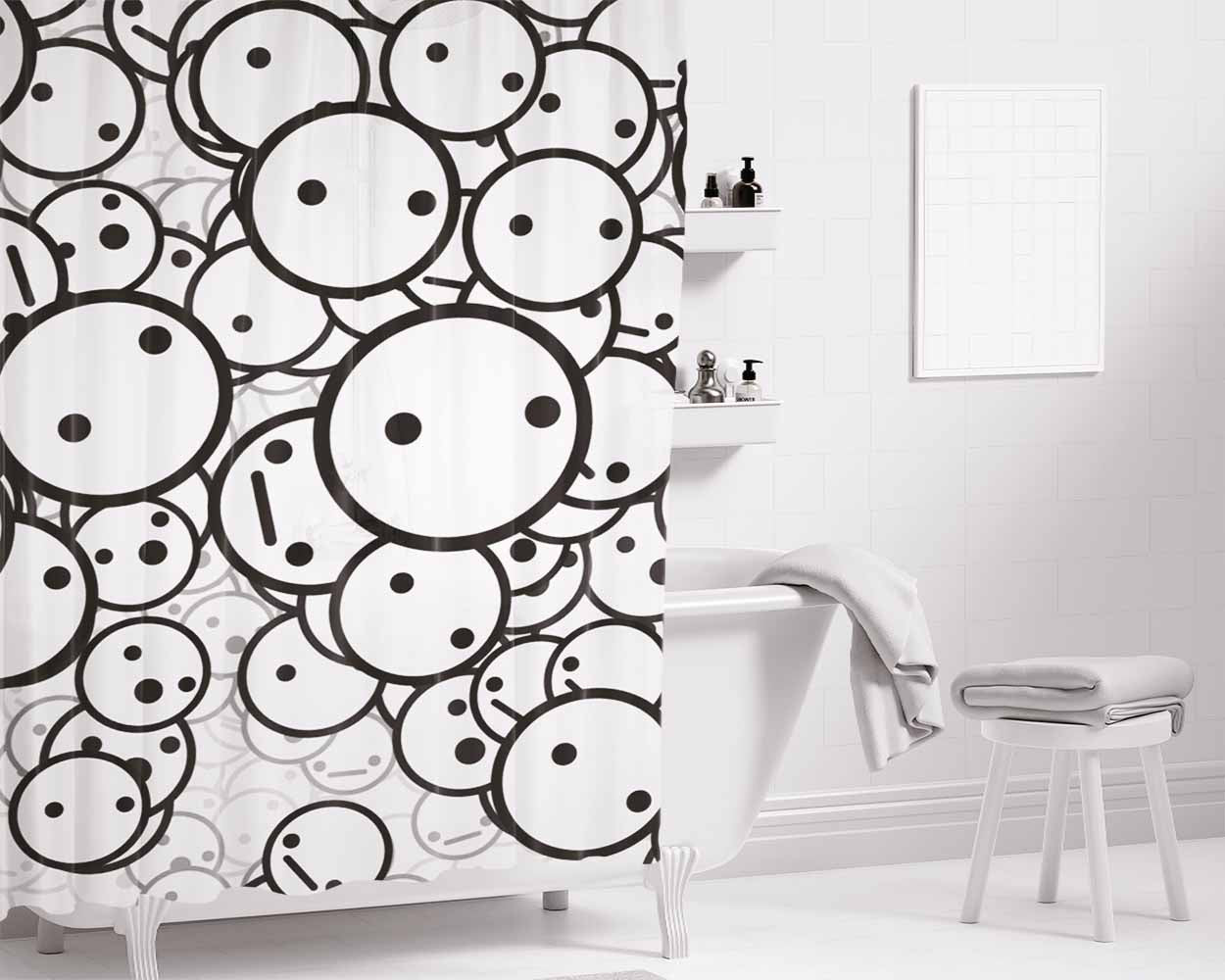 Black White Emoticons Bathroom Shower Curtain Fabric Waterproof | 66 X 72 Inch