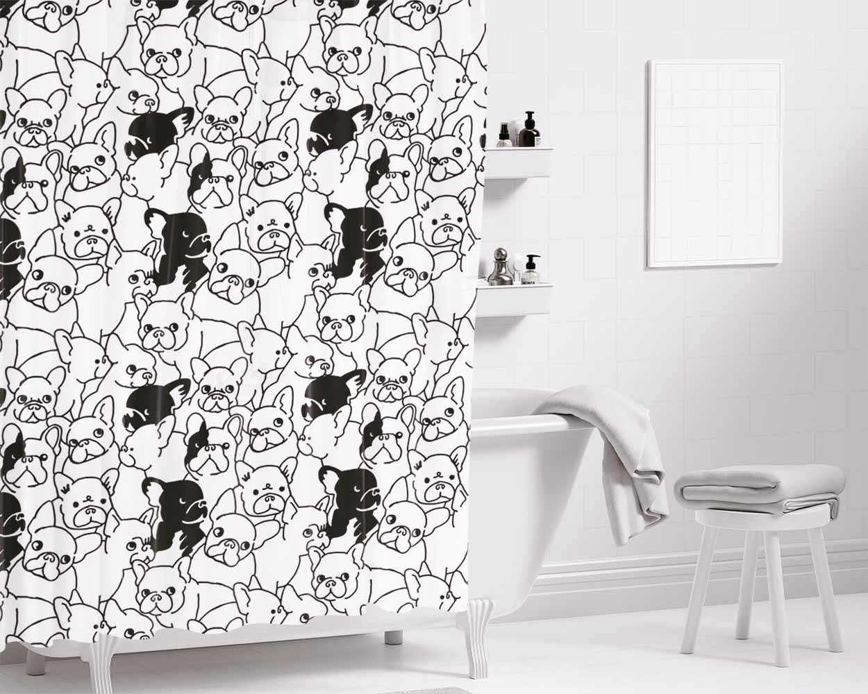 Black White French Bulldog Pattern Bathroom Shower Curtain Fabric Waterproof | 66 X 72 Inch