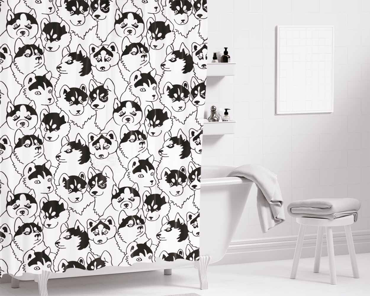 Black White Husky Pattern Bathroom Shower Curtain Fabric Waterproof | 66 X 72 Inch