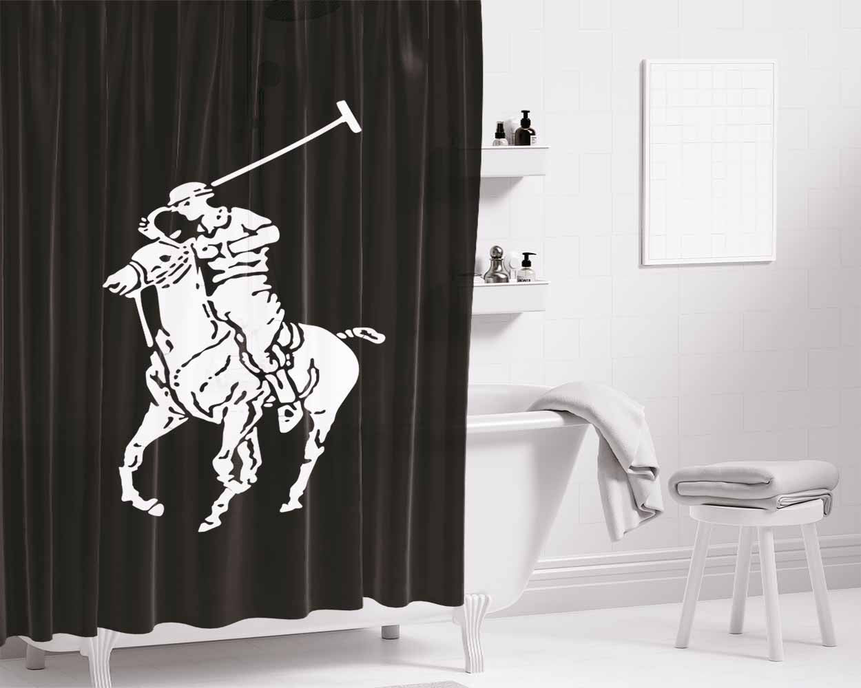Black White Polo Ralph Lauren Logo Bathroom Shower Curtain Fabric Waterproof | 66 X 72 Inch
