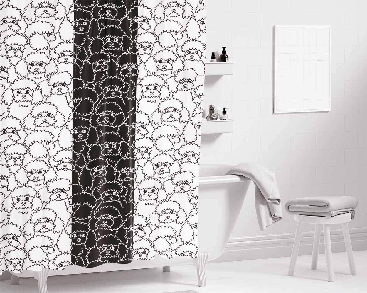 Black White Poodle Pattern Bathroom Shower Curtain Fabric Waterproof | 66 X 72 Inch
