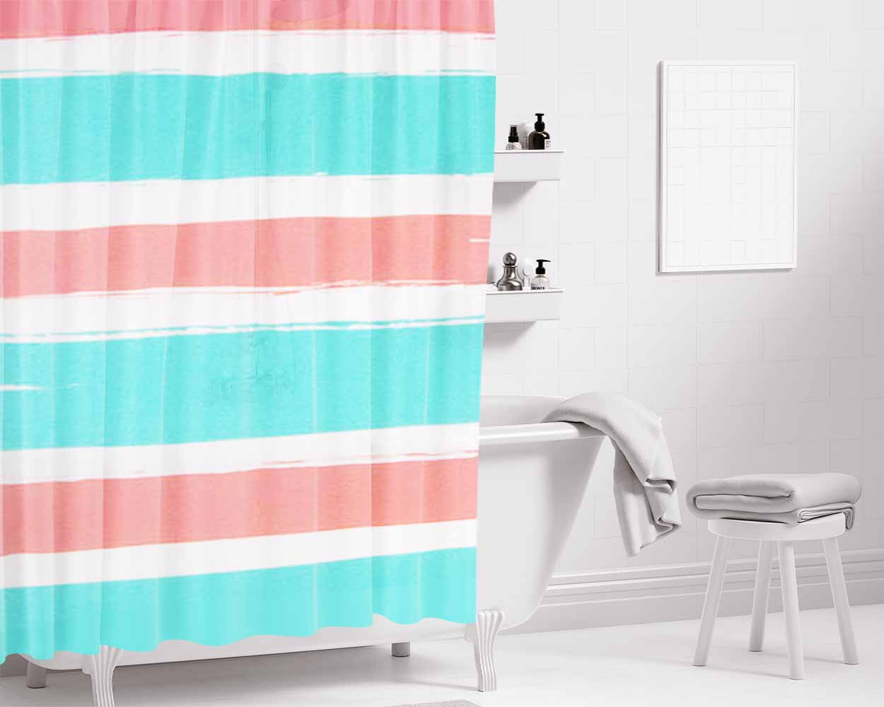 Blue Coral Colorblock Stripe Bathroom Shower Curtain Fabric Waterproof | 66 X 72 Inch