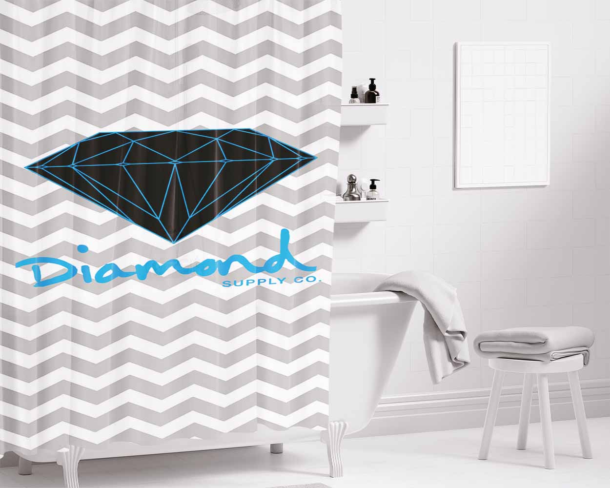 Blue Diamond Chevron Bathroom Shower Curtain Fabric Waterproof | 66 X 72 Inch