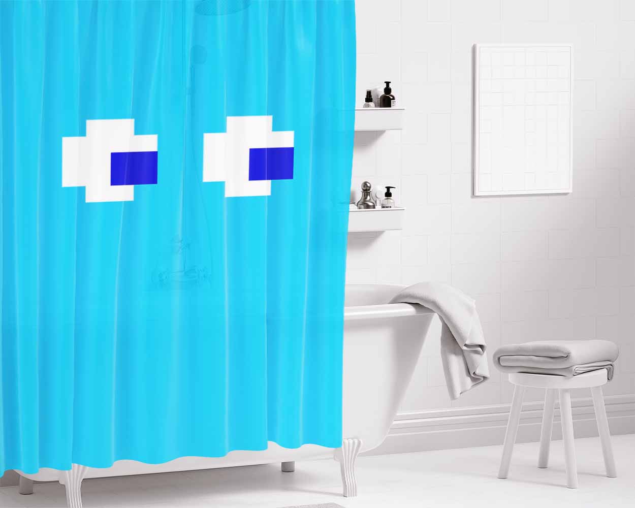 Blue Pacman Inspired Bathroom Shower Curtain Fabric Waterproof | 66 X 72 Inch