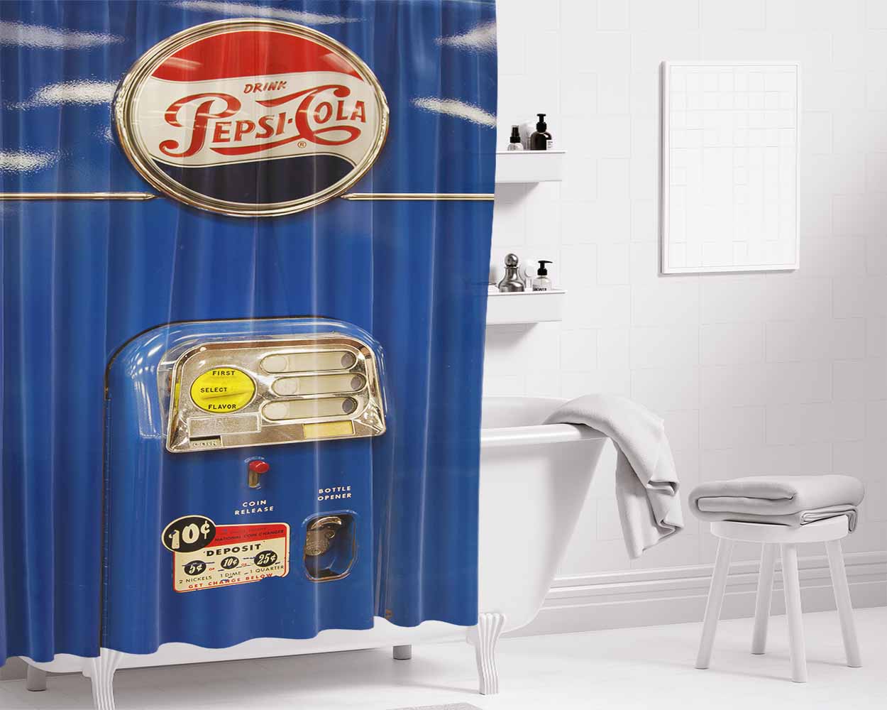 Blue Pepsi Cola Vendo Machine Bathroom Shower Curtain Fabric Waterproof | 66 X 72 Inch