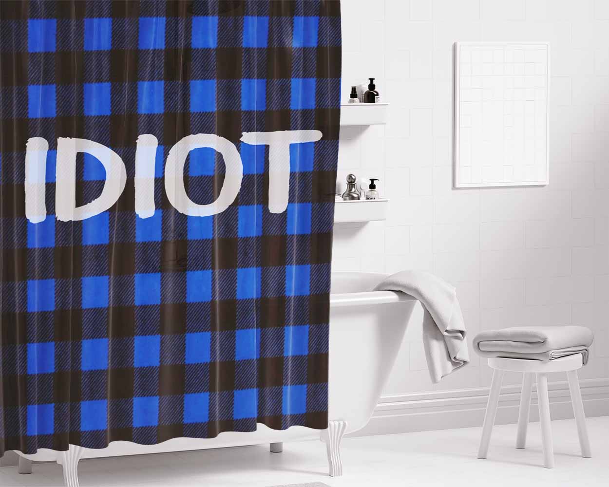 Blue Plaid Idiot 2 Bathroom Shower Curtain Fabric Waterproof | 66 X 72 Inch