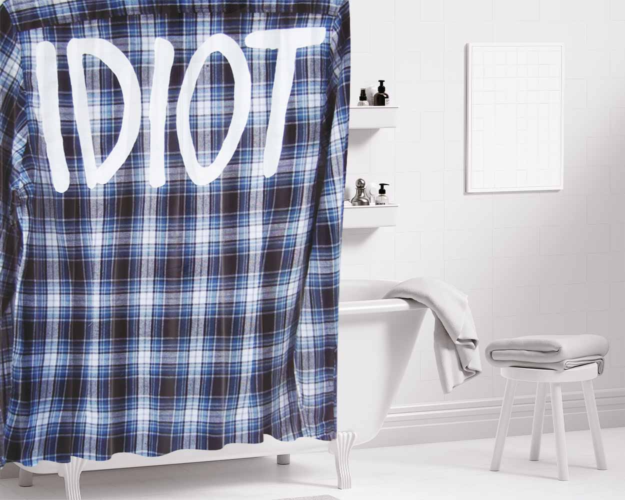Blue Plaid Idiot Bathroom Shower Curtain Fabric Waterproof | 66 X 72 Inch