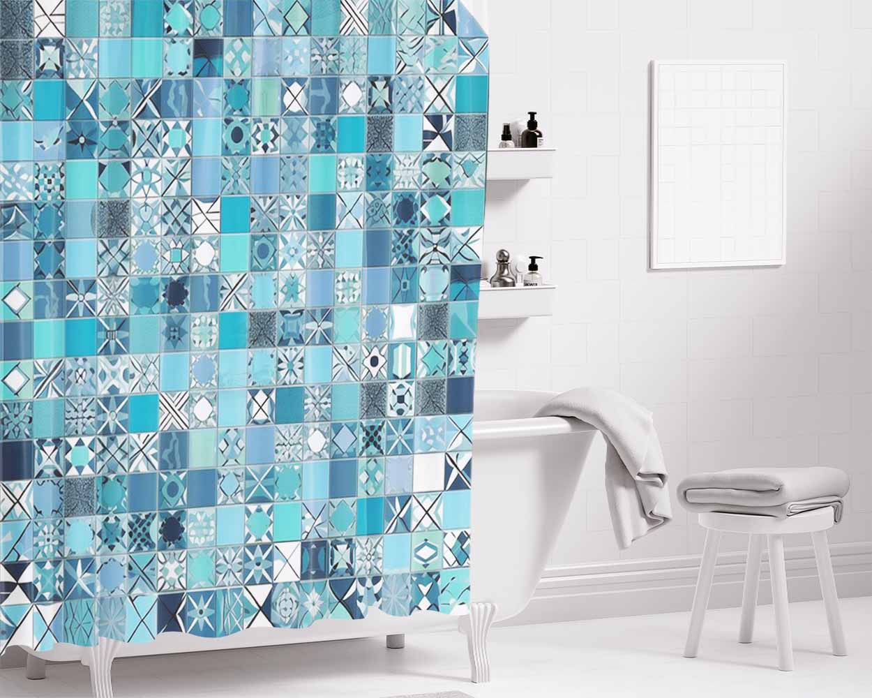 Blue Tile Pattern With The Word Love On It. Bathroom Shower Curtain Fabric Waterproof | 66 X 72 Inch
