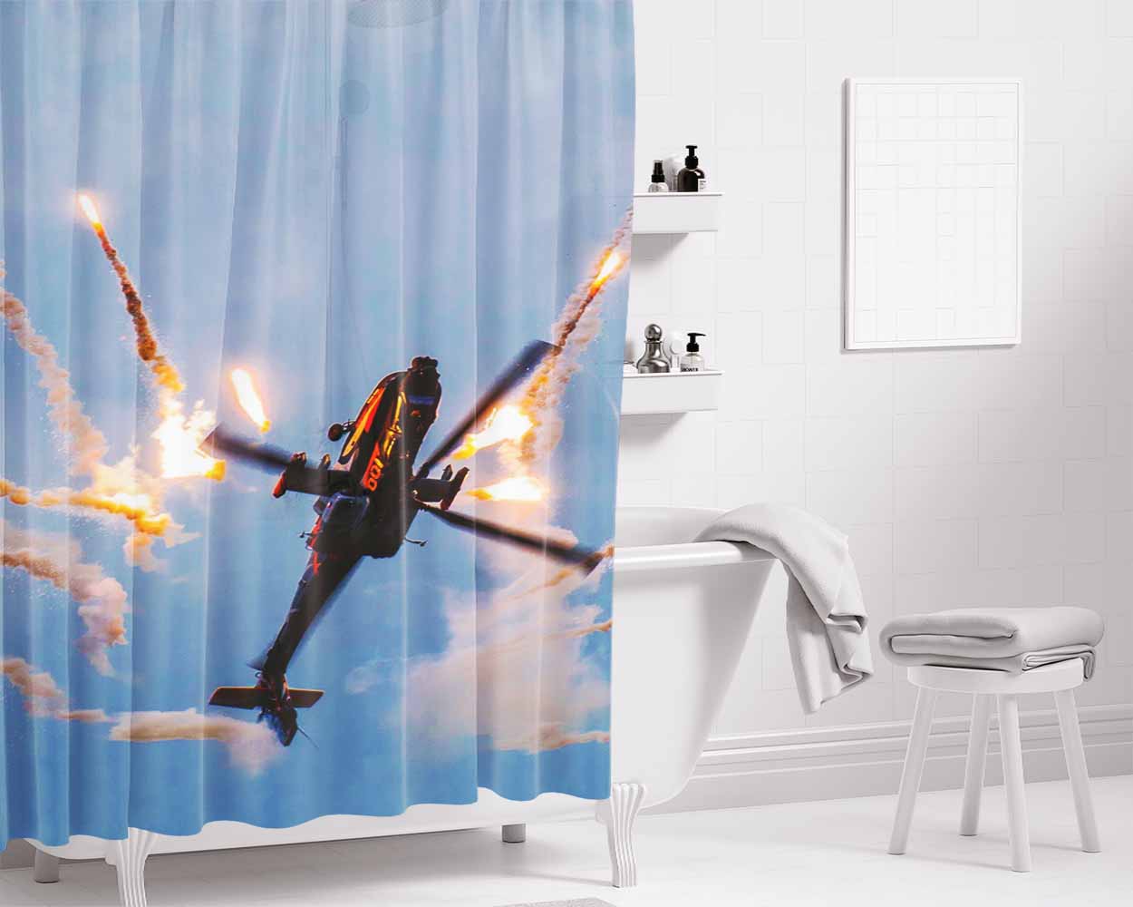 Boeing Ah 64 Apache Aircraft Bathroom Shower Curtain Fabric Waterproof | 66 X 72 Inch