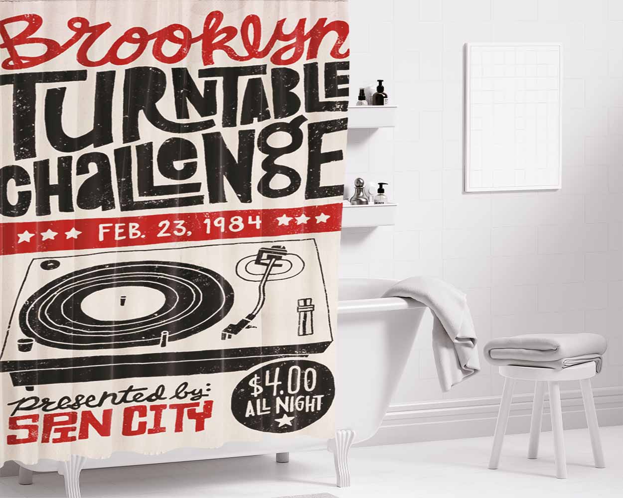 Brooklyn Turntable Chalange Bathroom Shower Curtain Fabric Waterproof | 66 X 72 Inch