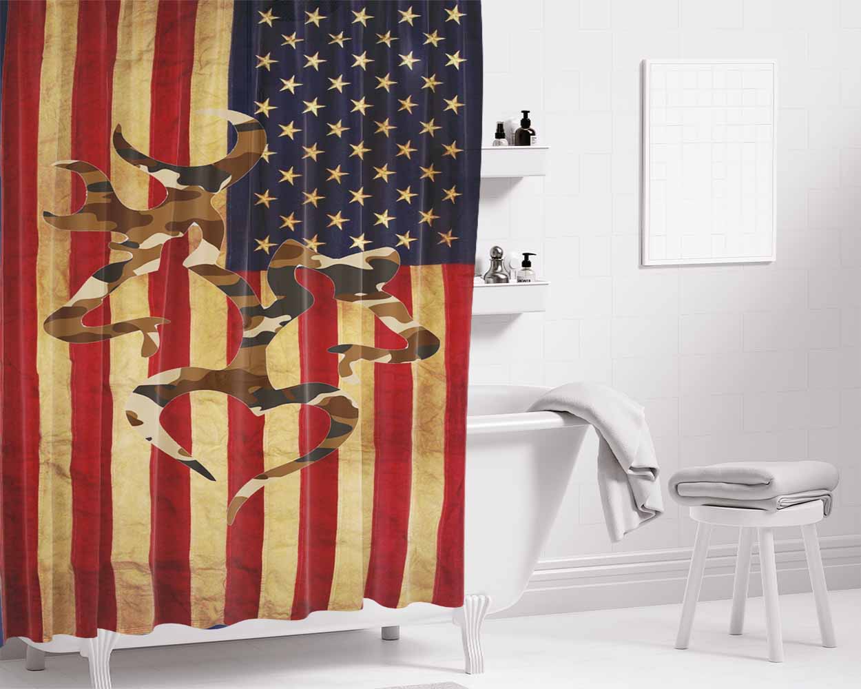 Browning Deer Realtree Camo Vintage Usa Flag Bathroom Shower Curtain Fabric Waterproof | 66 X 72 Inch
