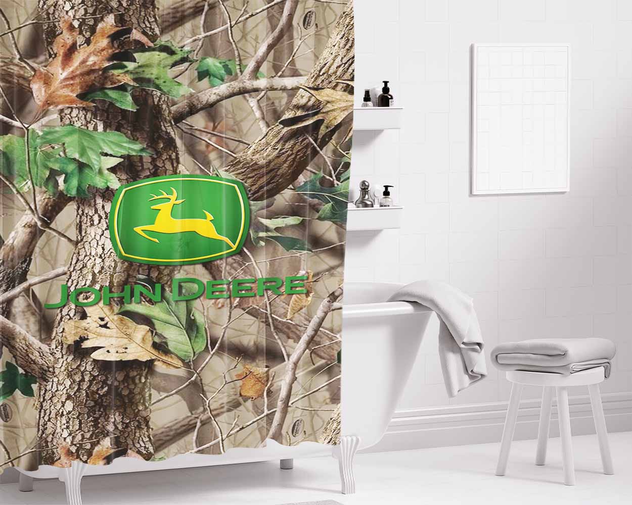 Camo John Deere Real Tree Logo Bathroom Shower Curtain Fabric Waterproof | 66 X 72 Inch