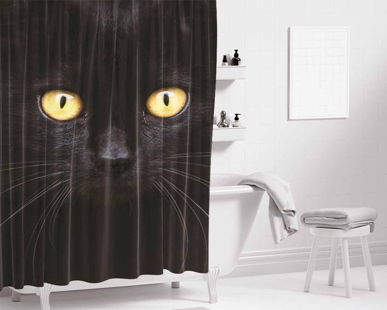 Cat Black Eyes Bathroom Shower Curtain Fabric Waterproof | 66 X 72 Inch