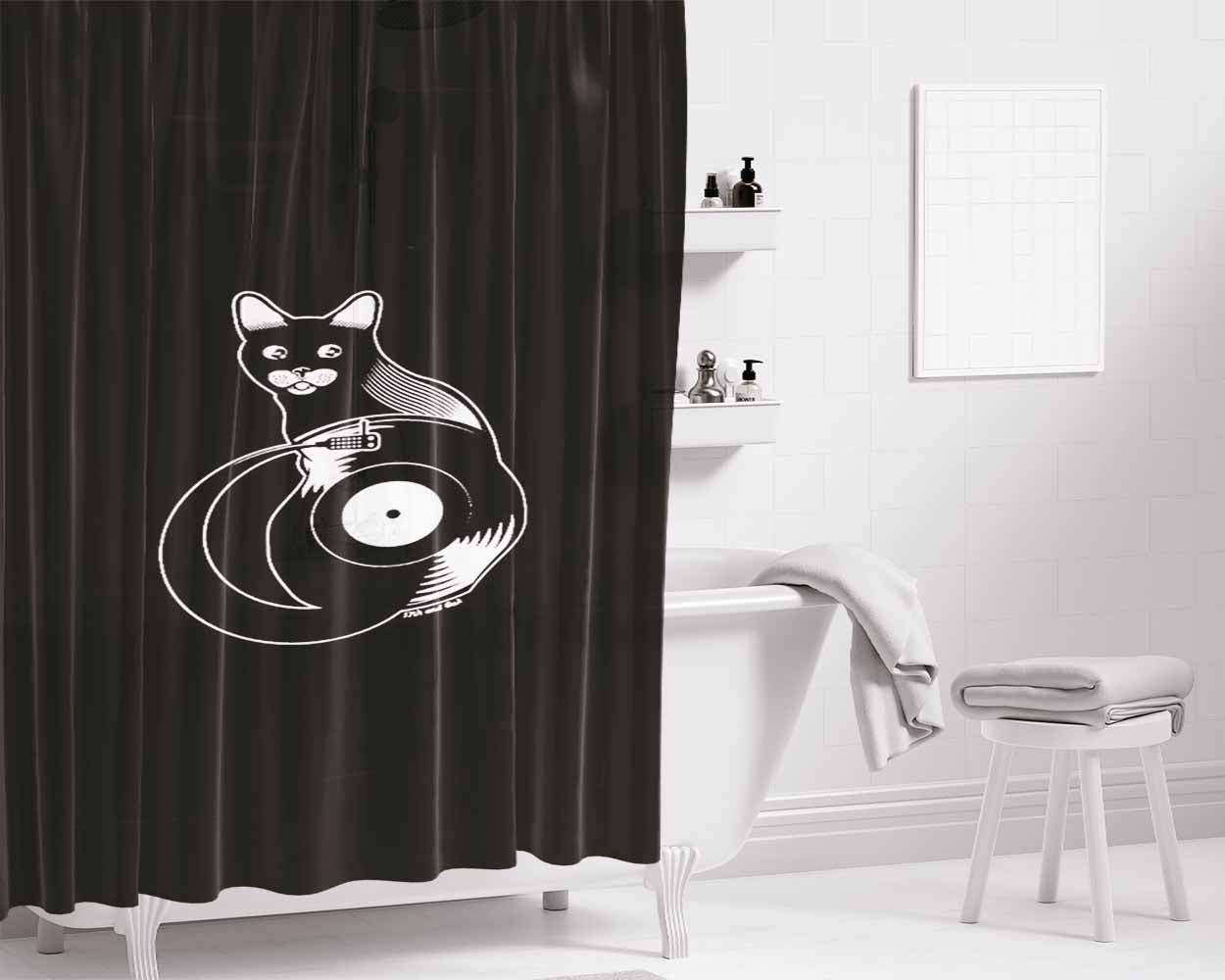 Cat Record The Cat Sat On The Slipmat Vinyl Bathroom Shower Curtain Fabric Waterproof | 66 X 72 Inch