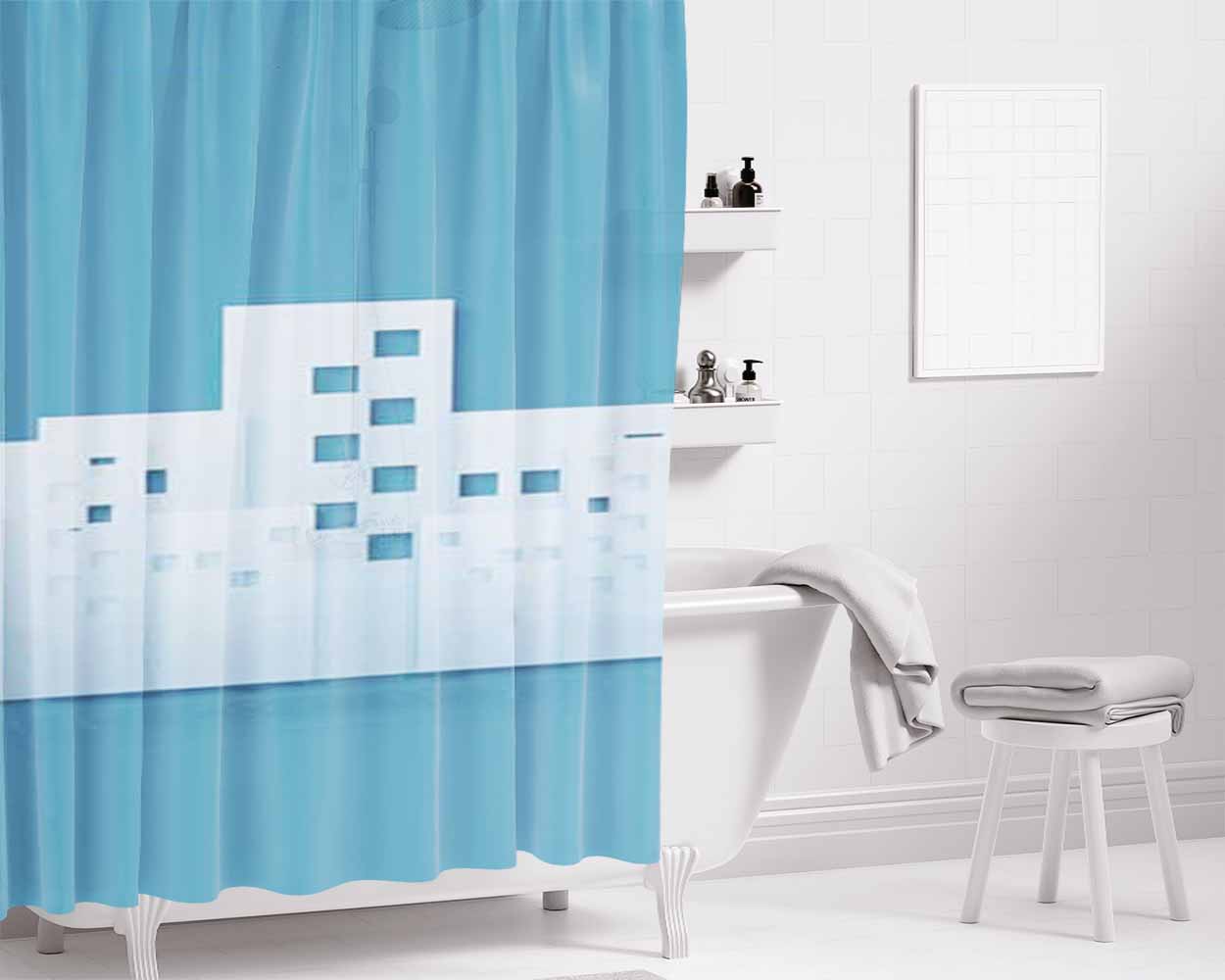 City Cutout Blues Bathroom Shower Curtain Fabric Waterproof | 66 X 72 Inch