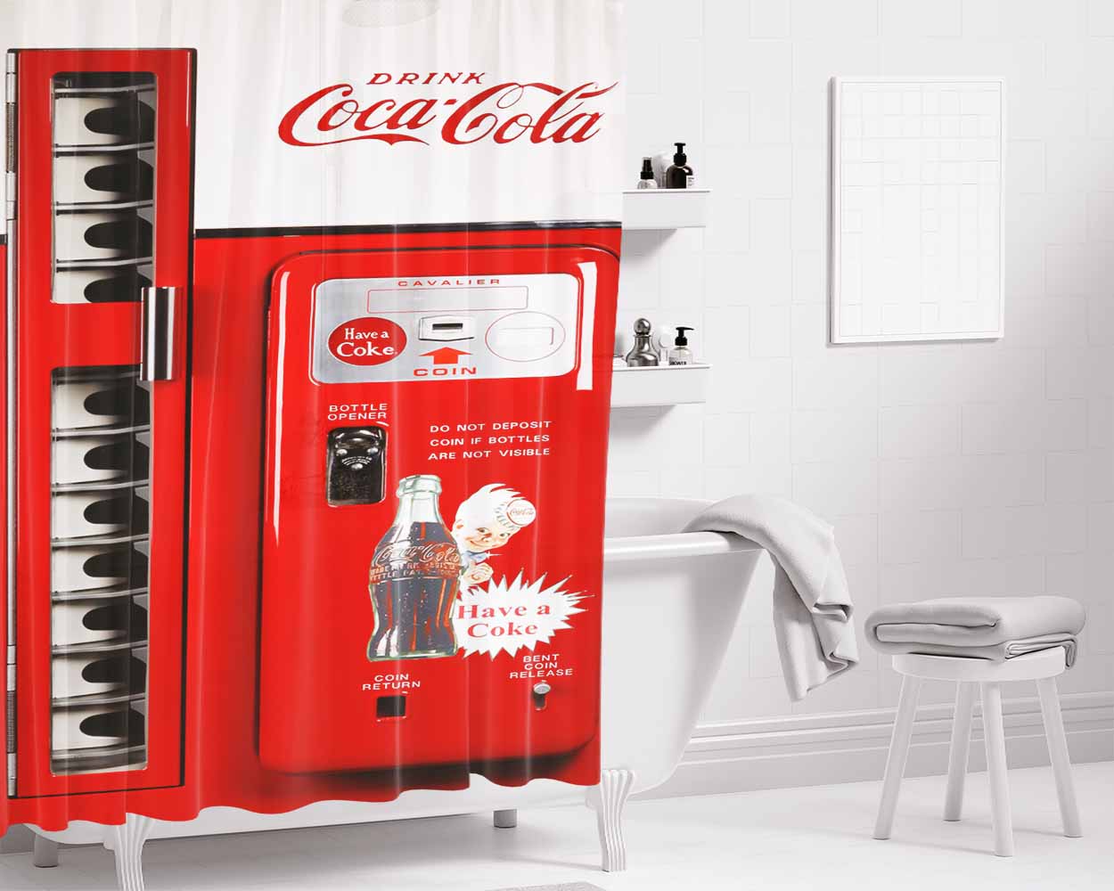 Coca Cola In Bottles Ice Cold 10 Cents Vending Machine Bathroom Shower Curtain Fabric Waterproof | 66 X 72 Inch