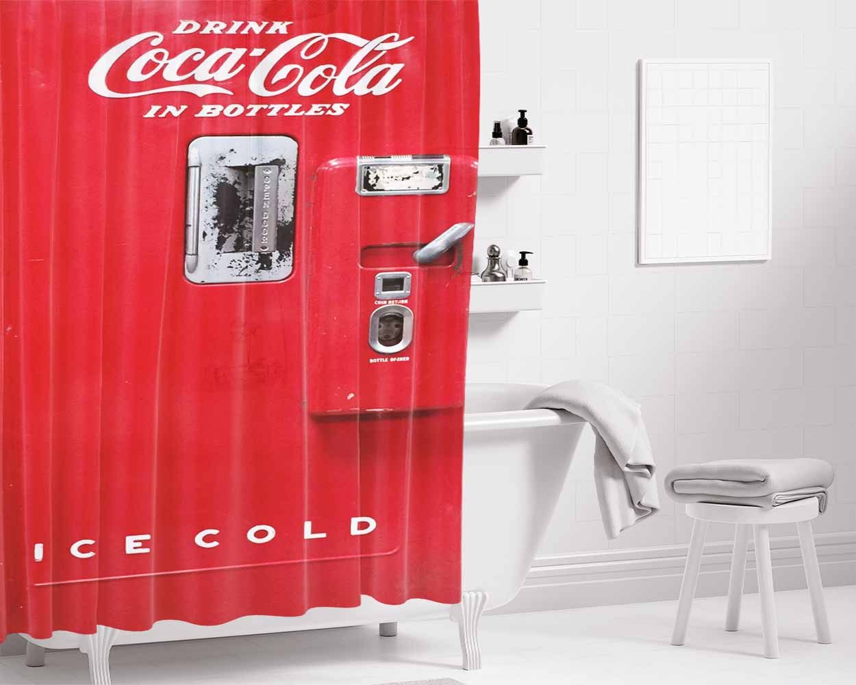 Coca Cola In Bottles Ice Cold Vending Machine Bathroom Shower Curtain Fabric Waterproof | 66 X 72 Inch