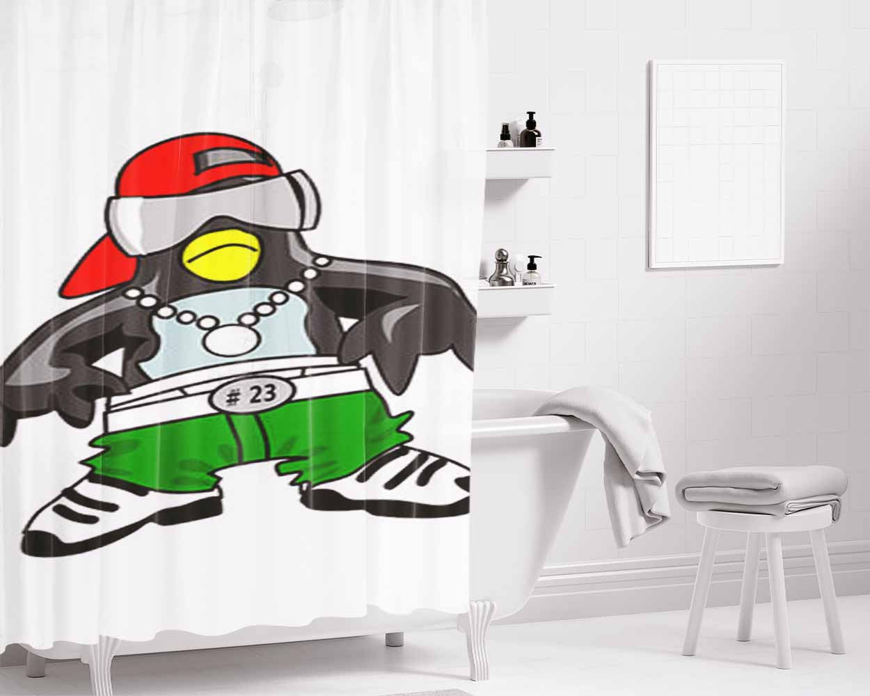 Cool Penguin Clip Art Bathroom Shower Curtain Fabric Waterproof | 66 X 72 Inch