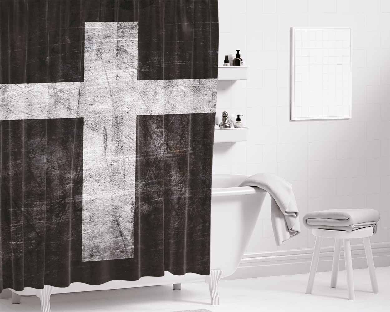 Cross Vintage Black White Wallpaper Bathroom Shower Curtain Fabric Waterproof | 66 X 72 Inch