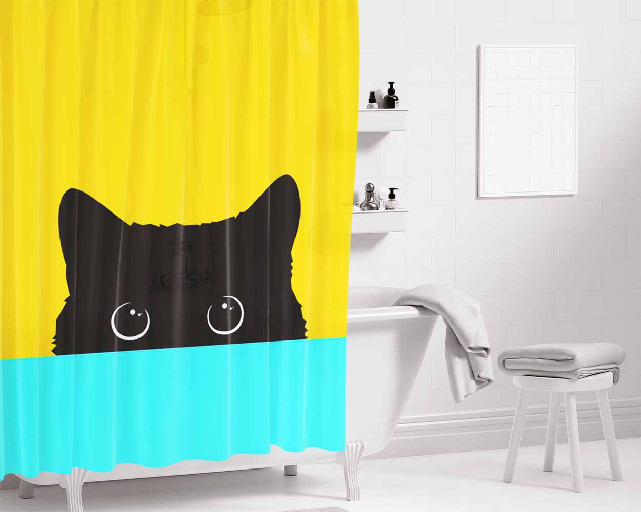 Cute Black Kitty Bathroom Shower Curtain Fabric Waterproof | 66 X 72 Inch