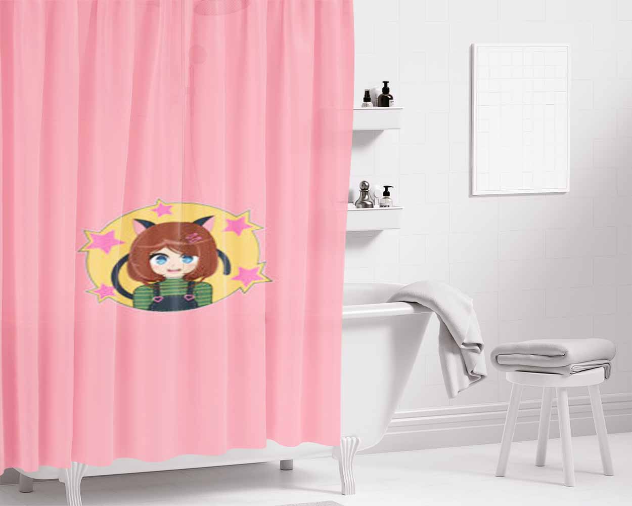 Cute Cat Girl Bathroom Shower Curtain Fabric Waterproof | 66 X 72 Inch