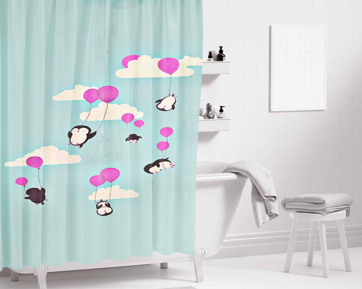Cute Penguines And Baloons Bathroom Shower Curtain Fabric Waterproof | 66 X 72 Inch