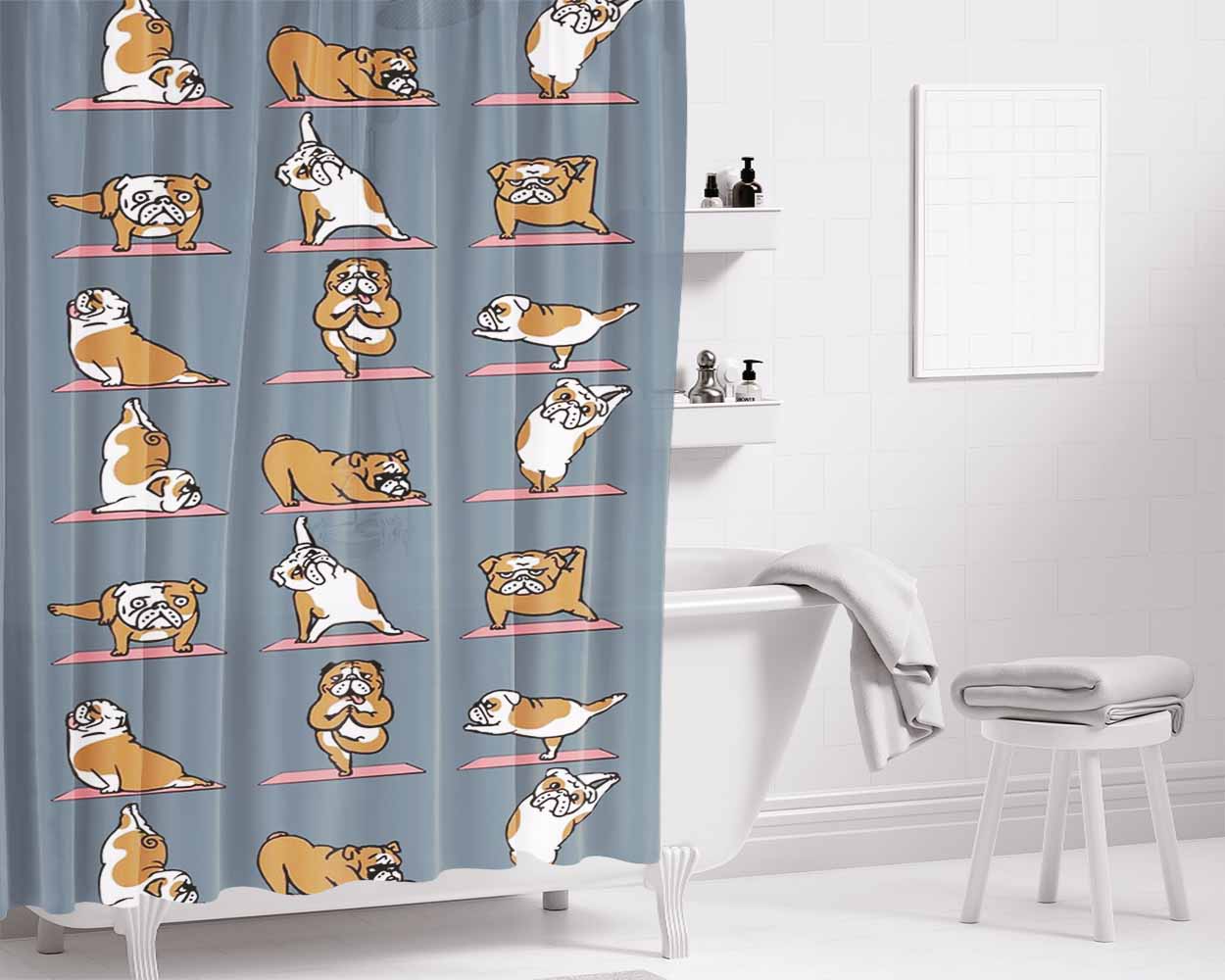 English Bulldog Yoga Pattern Bathroom Shower Curtain Fabric Waterproof | 66 X 72 Inch