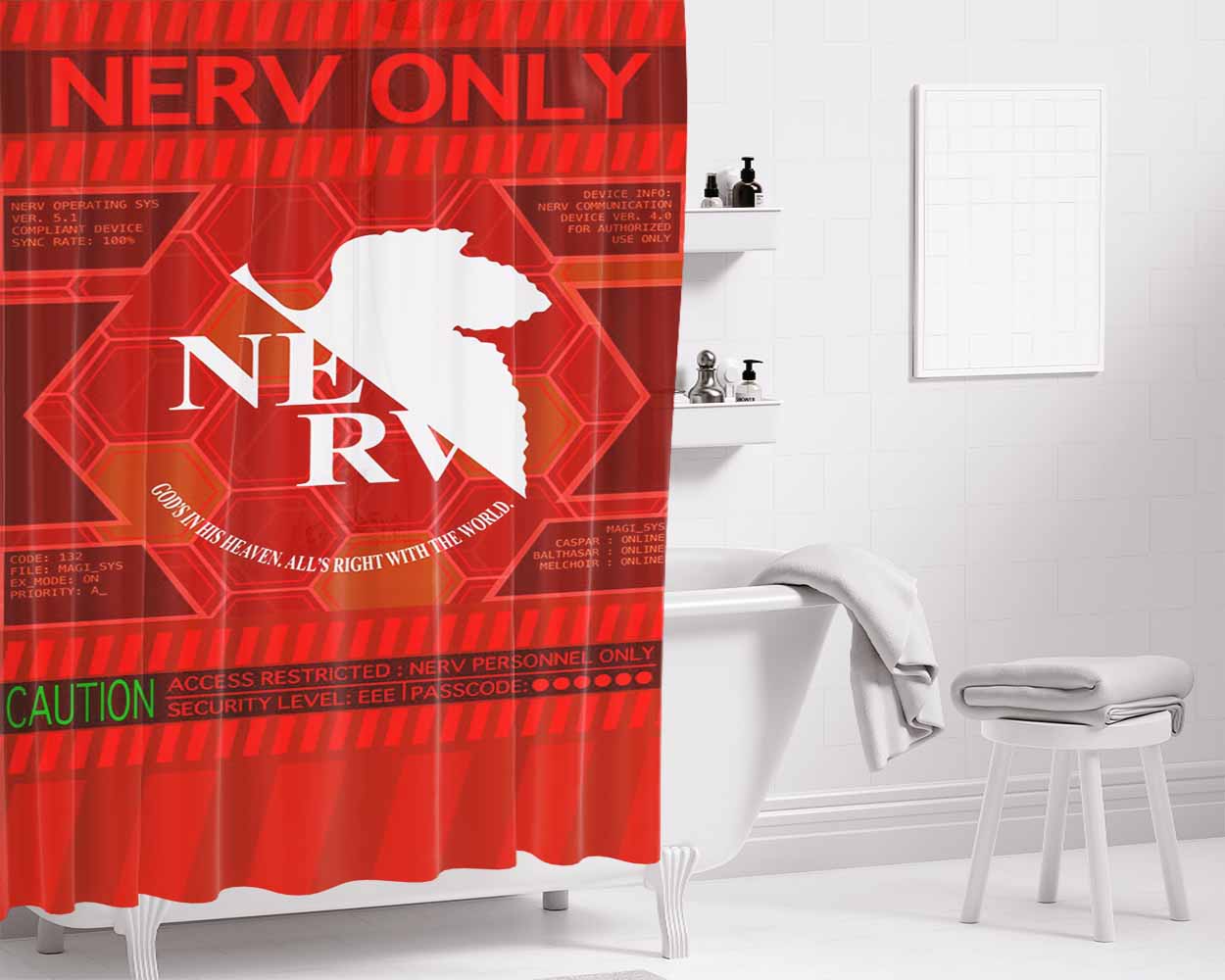 Evangelion Caution Nerv Only Bathroom Shower Curtain Fabric Waterproof | 66 X 72 Inch