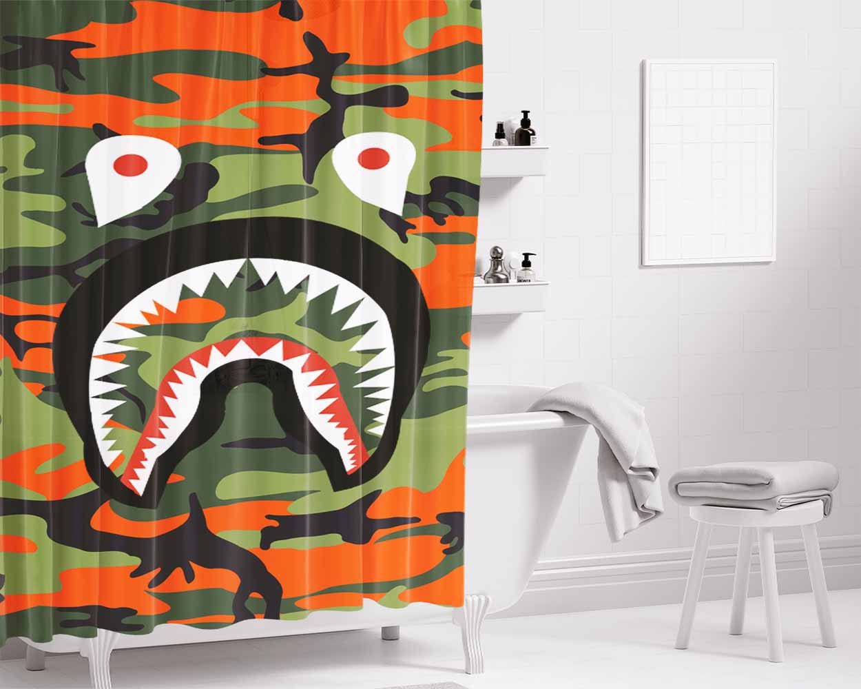 Face Shark Orange Camouflage Bathroom Shower Curtain Fabric Waterproof | 66 X 72 Inch