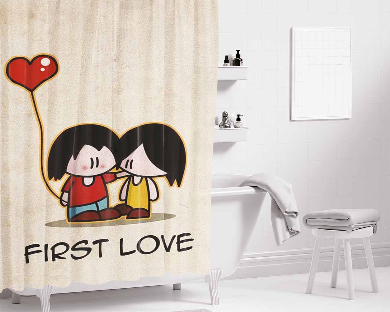 First Love Vector Bathroom Shower Curtain Fabric Waterproof | 66 X 72 Inch