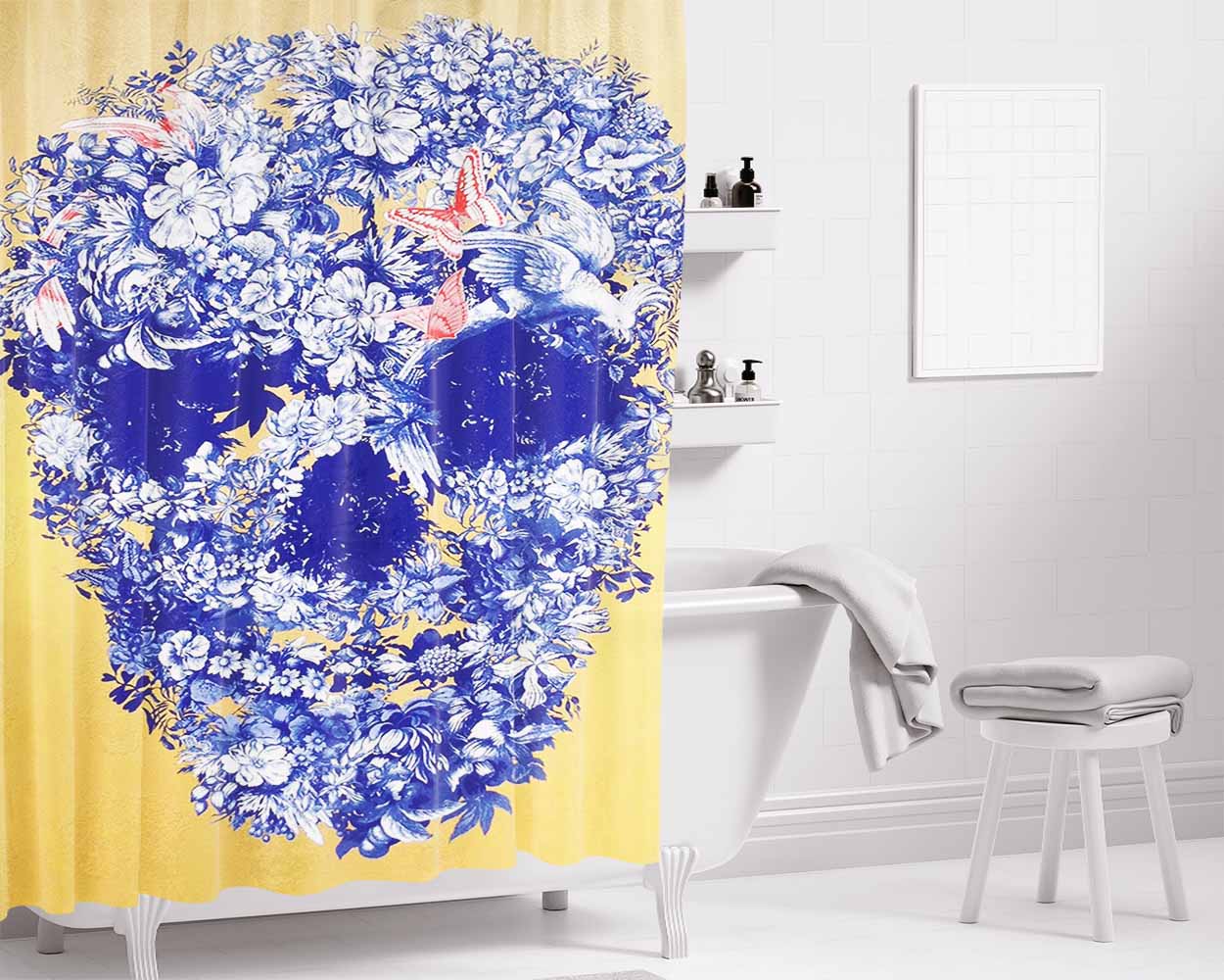 Floral Skull Bathroom Shower Curtain Fabric Waterproof | 66 X 72 Inch