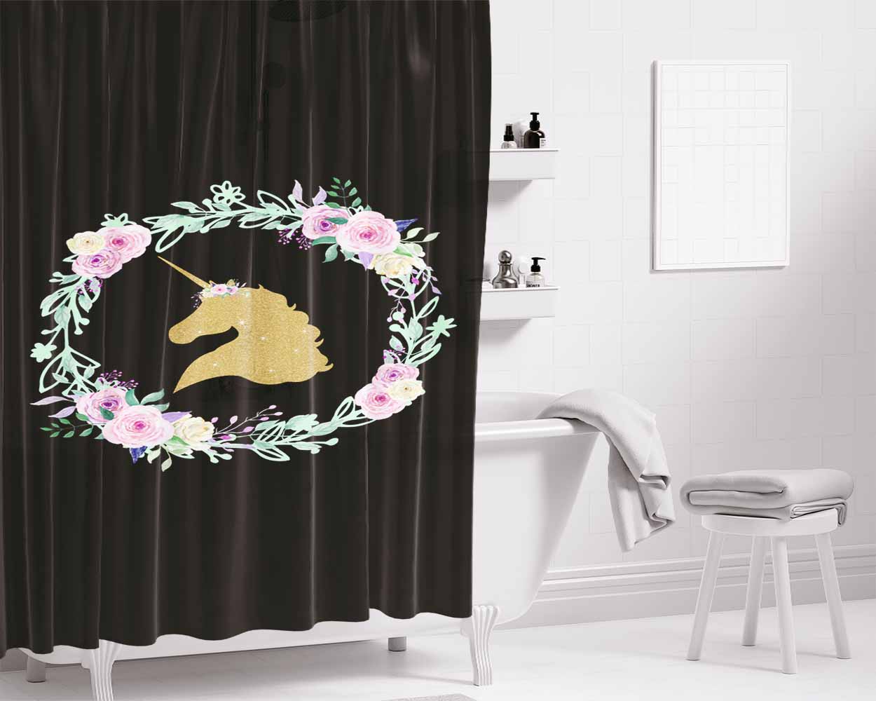 Flower Crown Girl Bathroom Shower Curtain Fabric Waterproof | 66 X 72 Inch