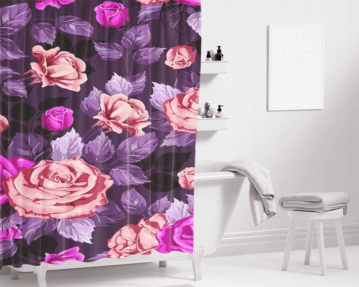 Flower Purple Pink Bathroom Shower Curtain Fabric Waterproof | 66 X 72 Inch