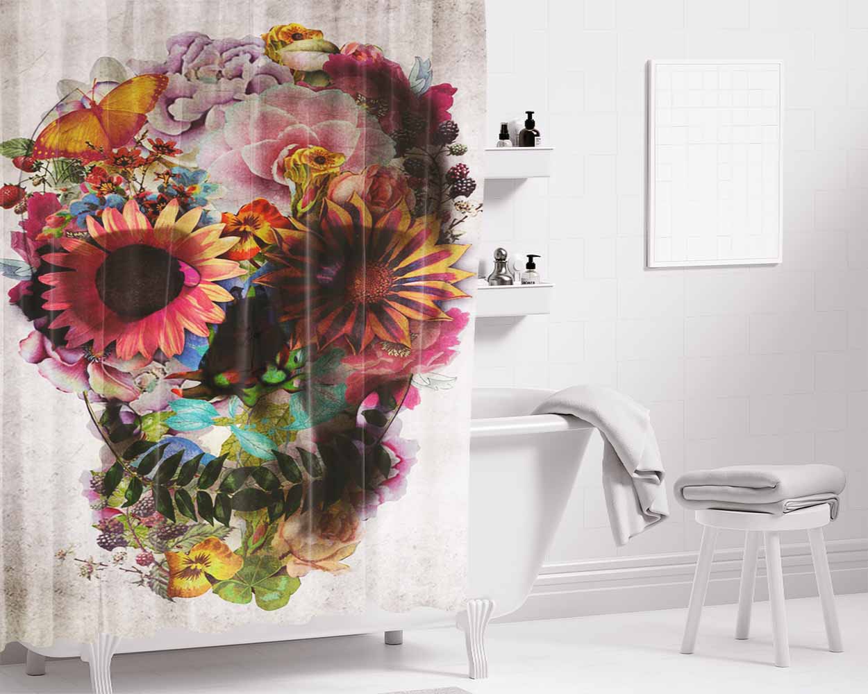 Flower Skull Bathroom Shower Curtain Fabric Waterproof | 66 X 72 Inch