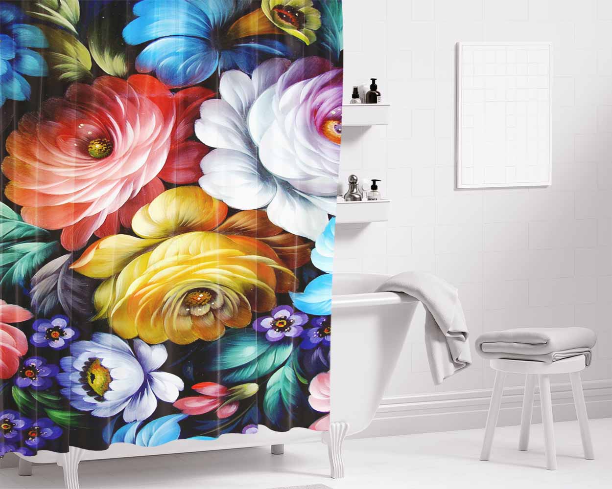 Flower Water Color Bathroom Shower Curtain Fabric Waterproof | 66 X 72 Inch
