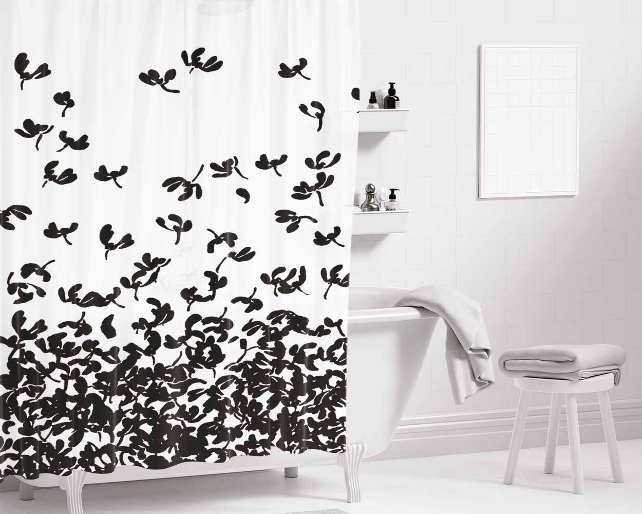 Flying Black Flower Bathroom Shower Curtain Fabric Waterproof | 66 X 72 Inch