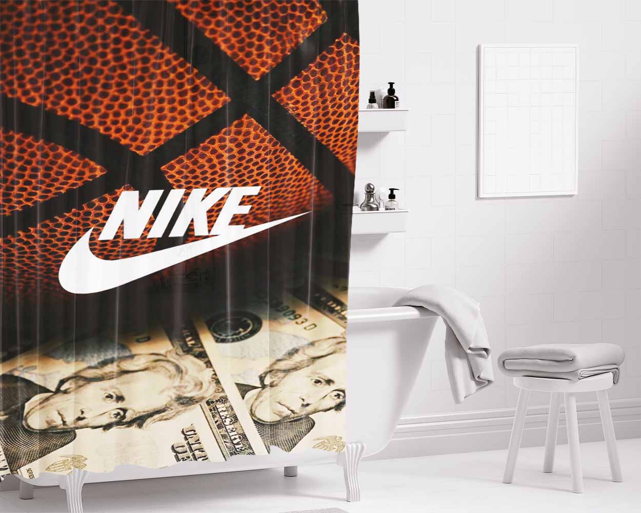 Football And Nike Money Bathroom Shower Curtain Fabric Waterproof | 66 X 72 Inch