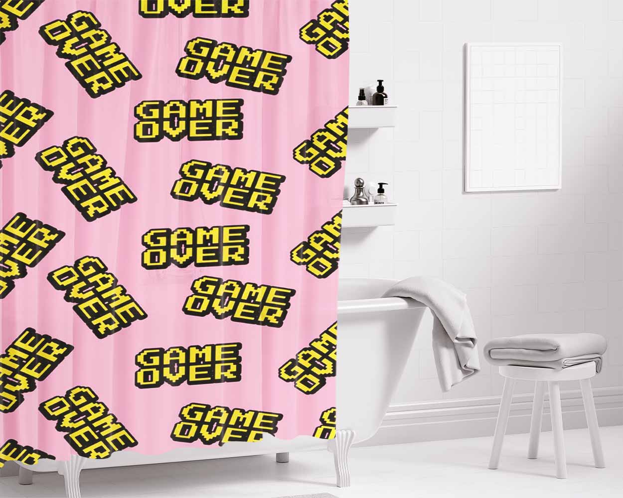 Game Over Pink Pattern Bathroom Shower Curtain Fabric Waterproof | 66 X 72 Inch